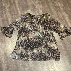 Leopard print jeweled neckline tunic blouse